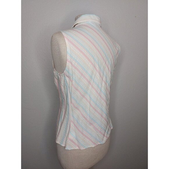 Lands End Women 10 Petite Sleeveless Collar Button Down Blouse Pastel Seersucker - Picture 4 of 16